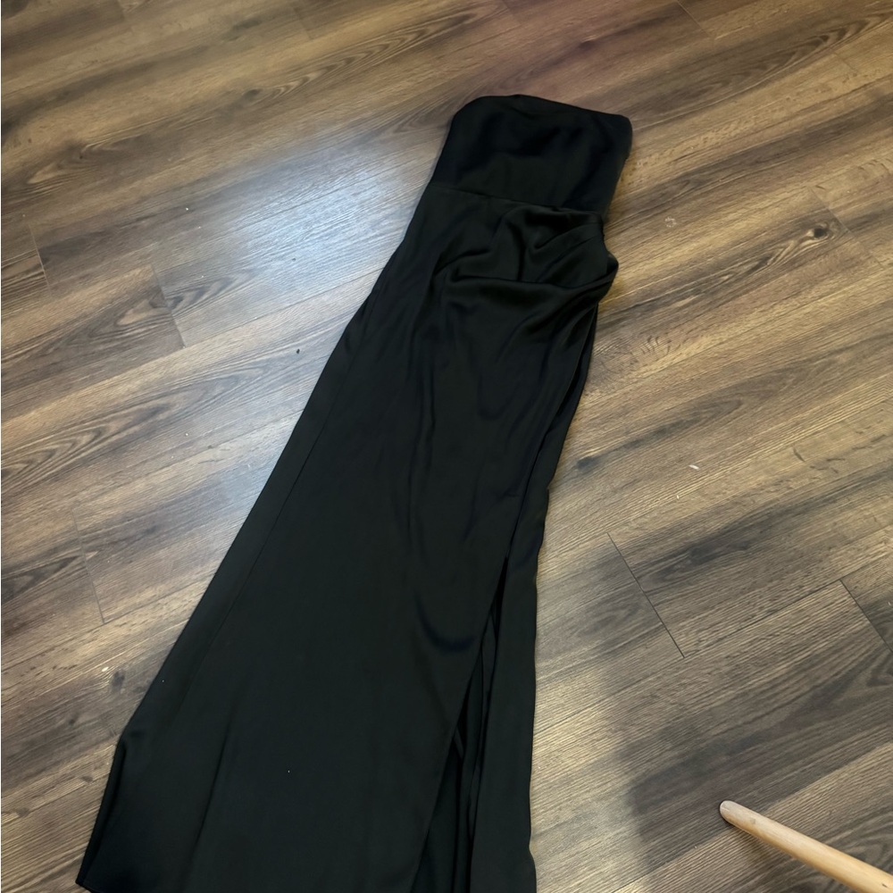 Black Ruched Strapless Gown with Slit for Cocktail